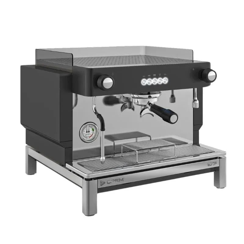 Front angled view of the CREM EX3 Mini 1 group commercial espresso machine in black