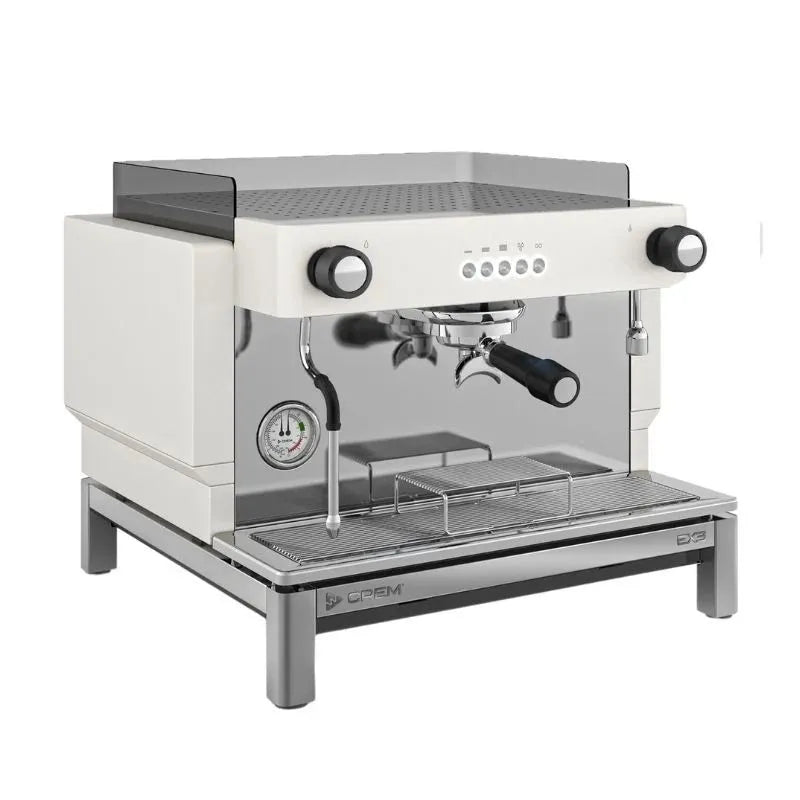 Front angled view of the CREM EX3 Mini 1 group commercial espresso machine in white