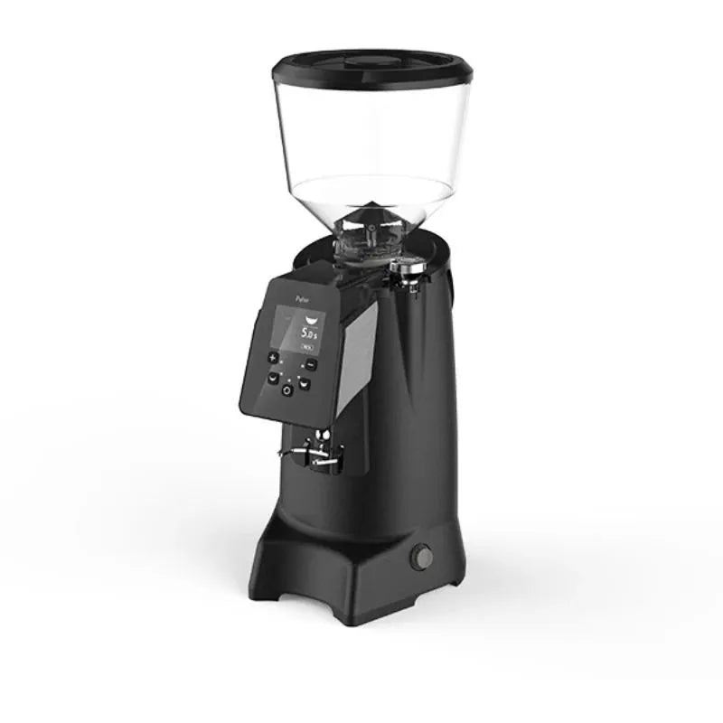 Angled view of CREM Pulse 65 on-demand high-speed coffee grinder with digital display and large bean hopper