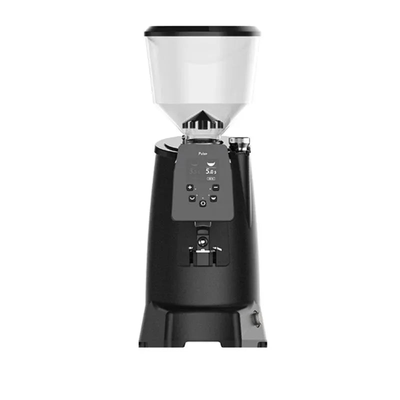 Front angled view of CREM Pulse 65 on-demand high-speed coffee grinder with digital display and large bean hopper