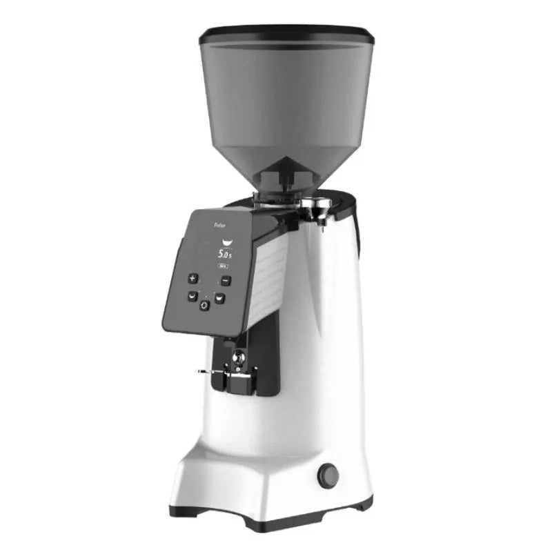 Angled view of CREM Pulse 75 on-demand high-speed coffee grinder with digital display in white finish