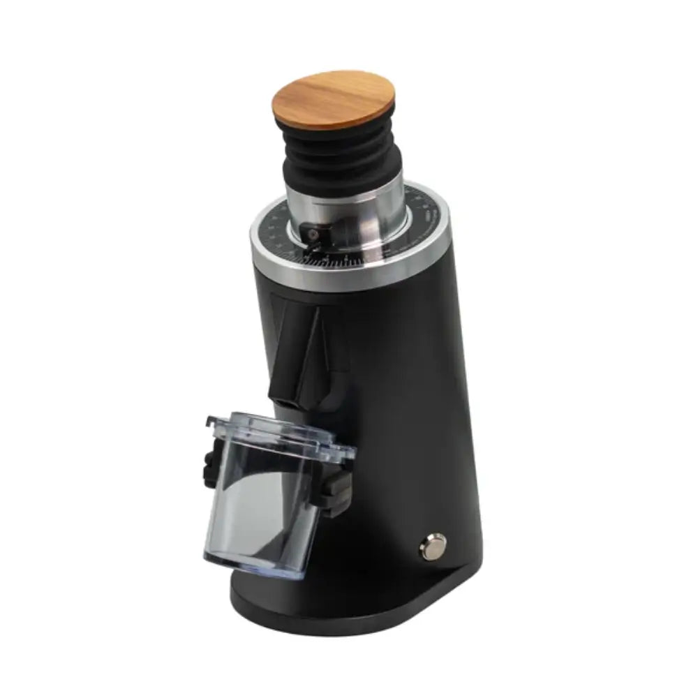 Angled view of DF54 electric coffee grinder in black with grind size dial and clear dosing cup