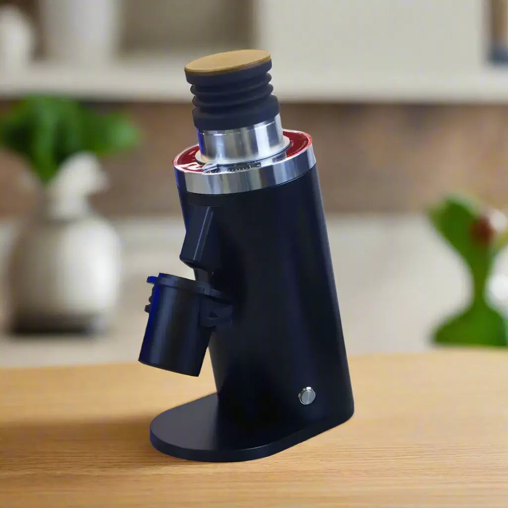 DF64 Gen 2 electric coffee grinder in black with wooden lid and dosing cup