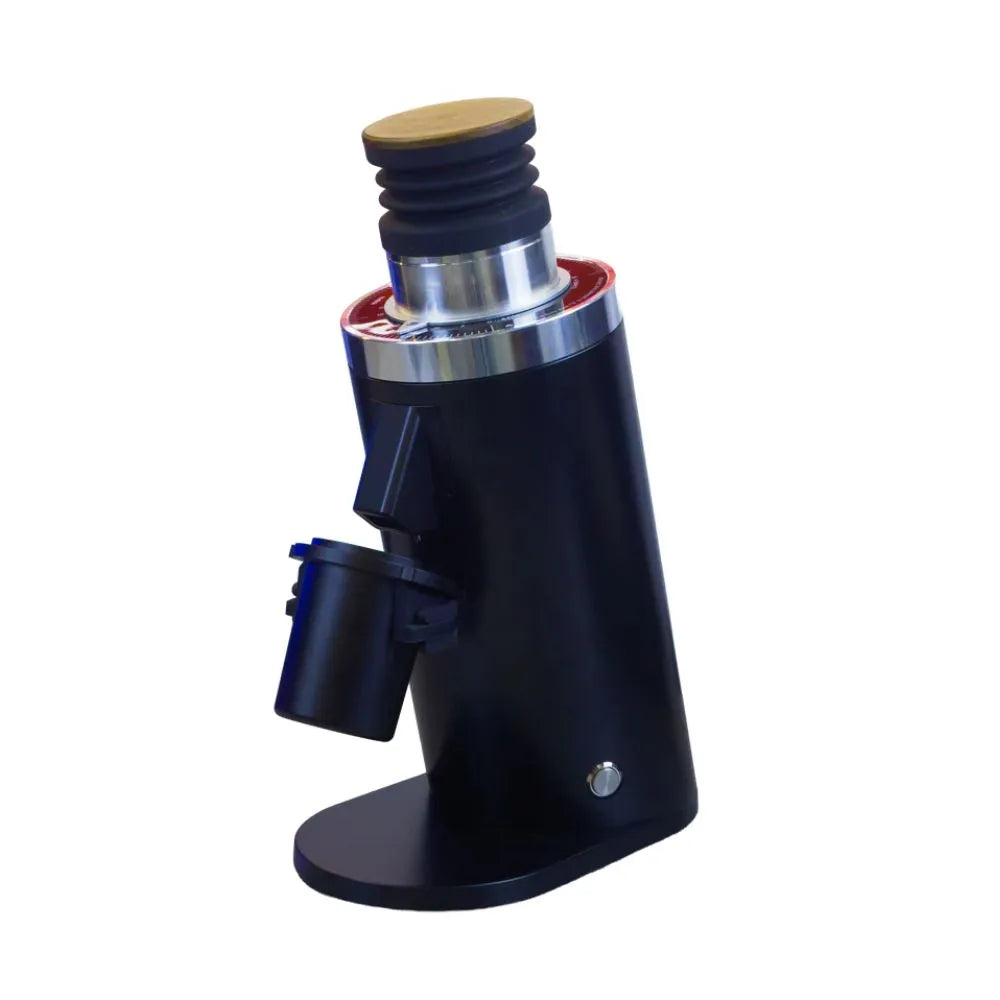 Angled view of DF64 Gen 2 electric coffee grinder in black with dosing cup and wooden lid