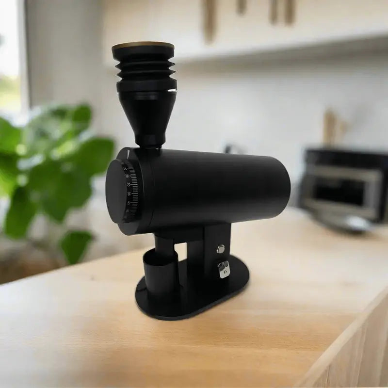 DF83V single dose electric coffee grinder in black on kitchen countertop