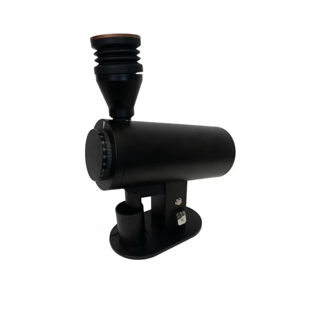 Side view of DF83V single dose electric coffee grinder in black with grind size dial