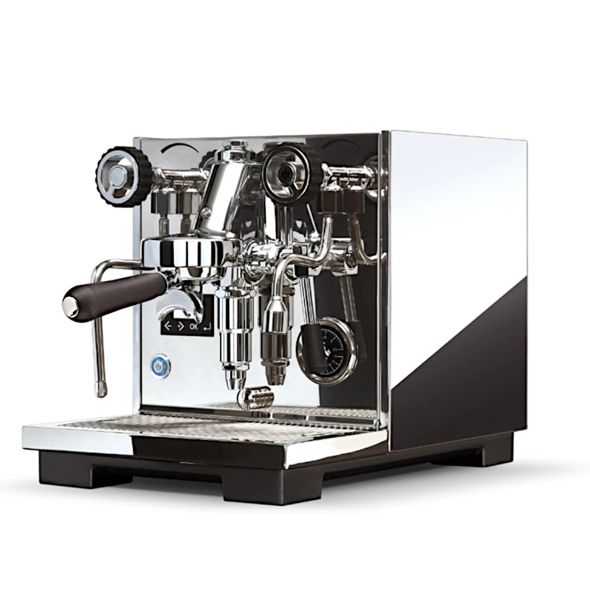 Side view of the Eureka Costanza R domestic espresso machine with polished stainless steel finish