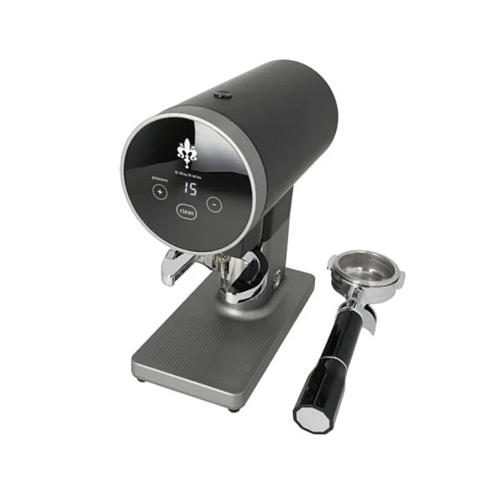 Front view of the Eureka Disko 58mm automatic coffee tamper with digital display and portafilter