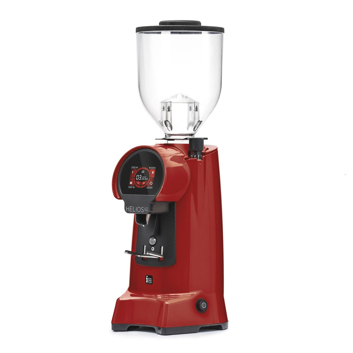 Angled view of the Eureka Helios 65 & 75 On-Demand Red Coffee Grinder