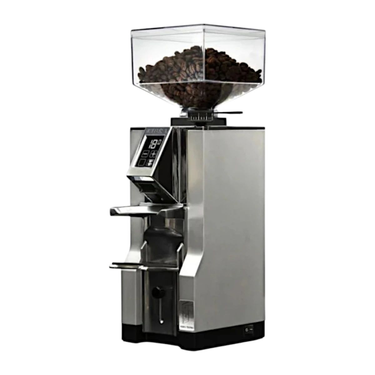 Side view of the Eureka Mignon Libra grind-by-weight espresso grinder in chrome finish with digital display