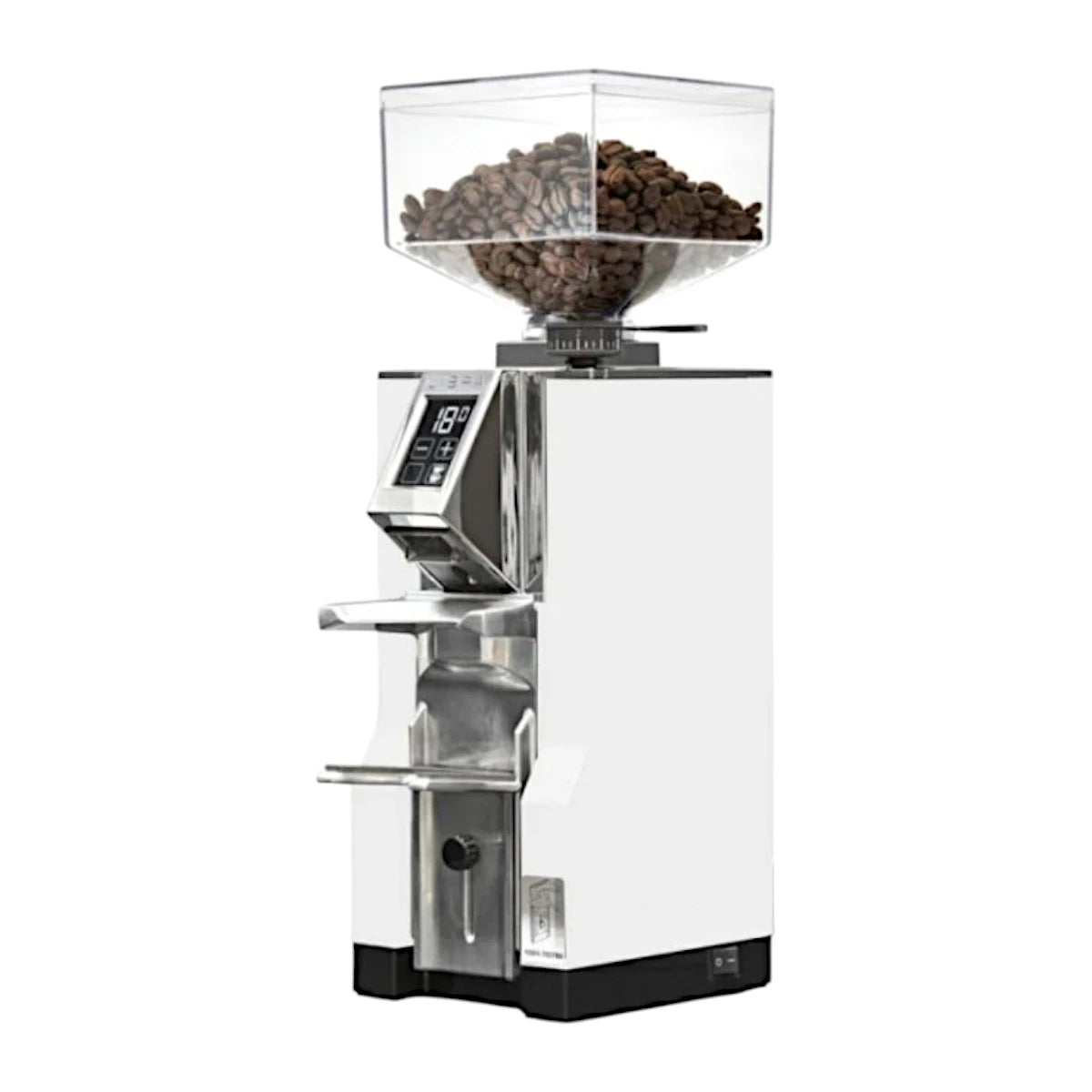 Side view of the Eureka Mignon Libra grind-by-weight espresso grinder in white finish with digital display