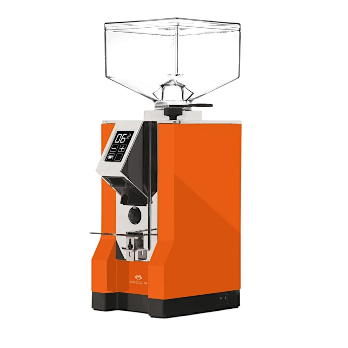 Side view of the Eureka Mignon Specialita on-demand espresso grinder in orange with digital display and coffee bean hopper