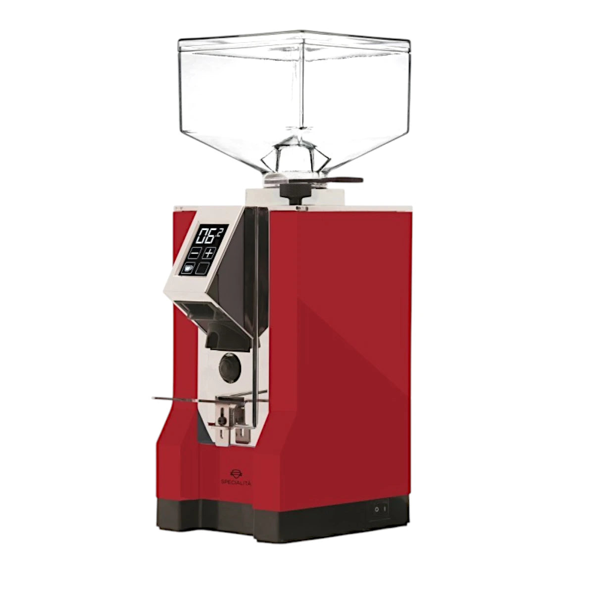 Side view of the Eureka Mignon Specialita on-demand espresso grinder in red with digital display and coffee bean hopper
