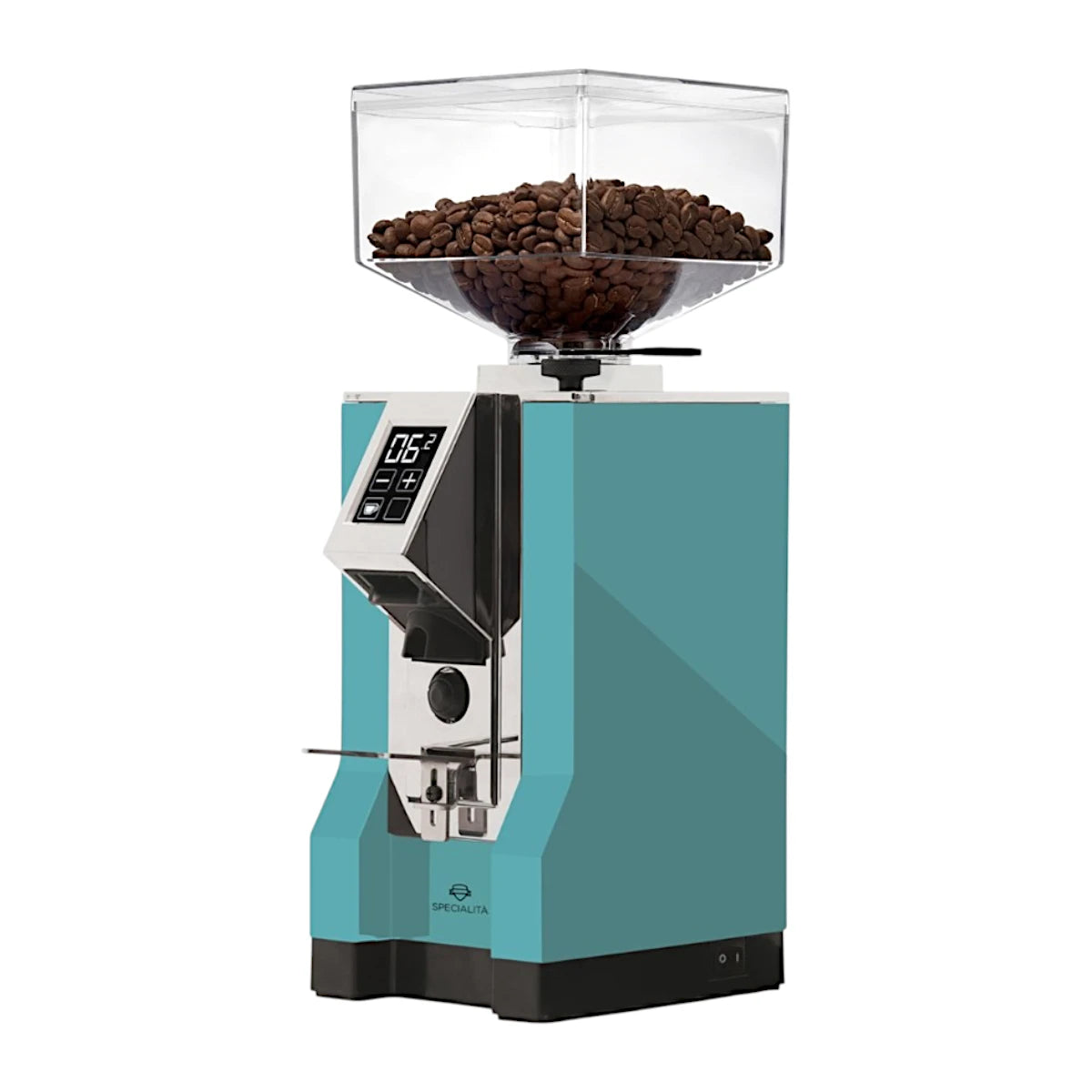 Side view of the Eureka Mignon Specialita on-demand espresso grinder in tiffany with digital display and coffee bean hopper
