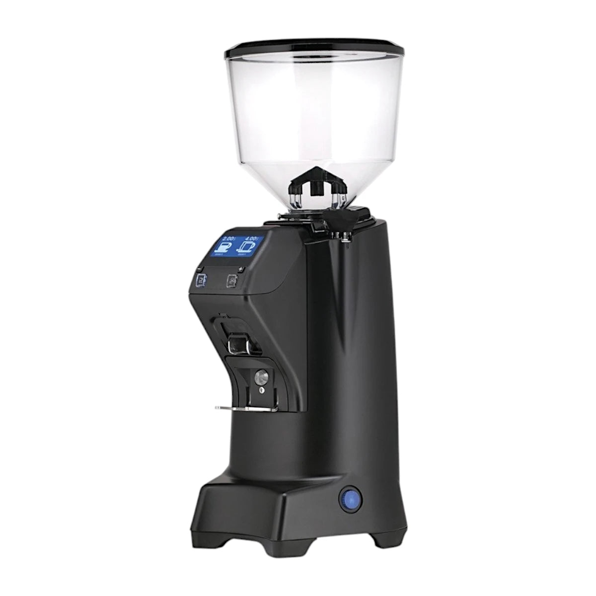 Side view of the Eureka Zenith 65mm Neo on-demand black coffee grinder with flat burrs and digital display