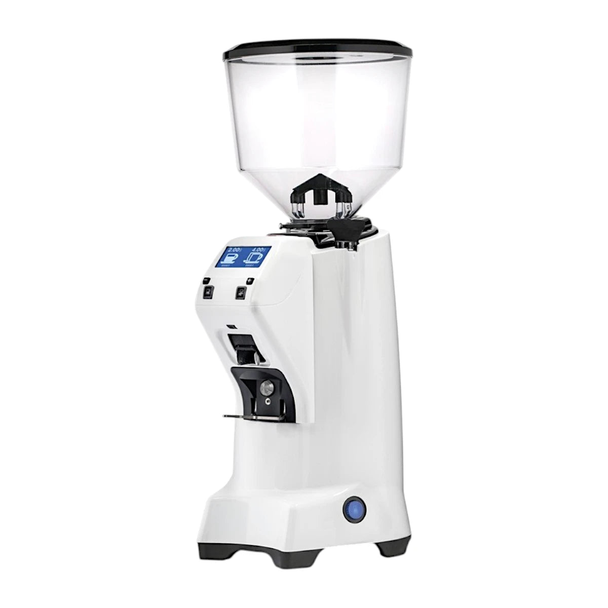 Side view of the Eureka Zenith 65mm Neo on-demand white coffee grinder with flat burrs and digital display