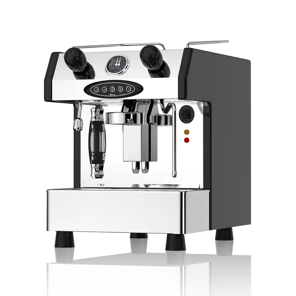 Front view of the Fracino Bambino 1-group electronic espresso machine with a programmable volumetric keypad for precise dosing.
