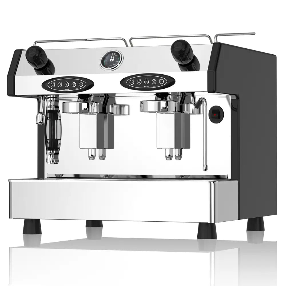 Front view of the Fracino Bambino 2-group electronic espresso machine with a programmable volumetric keypad for precise dosing.