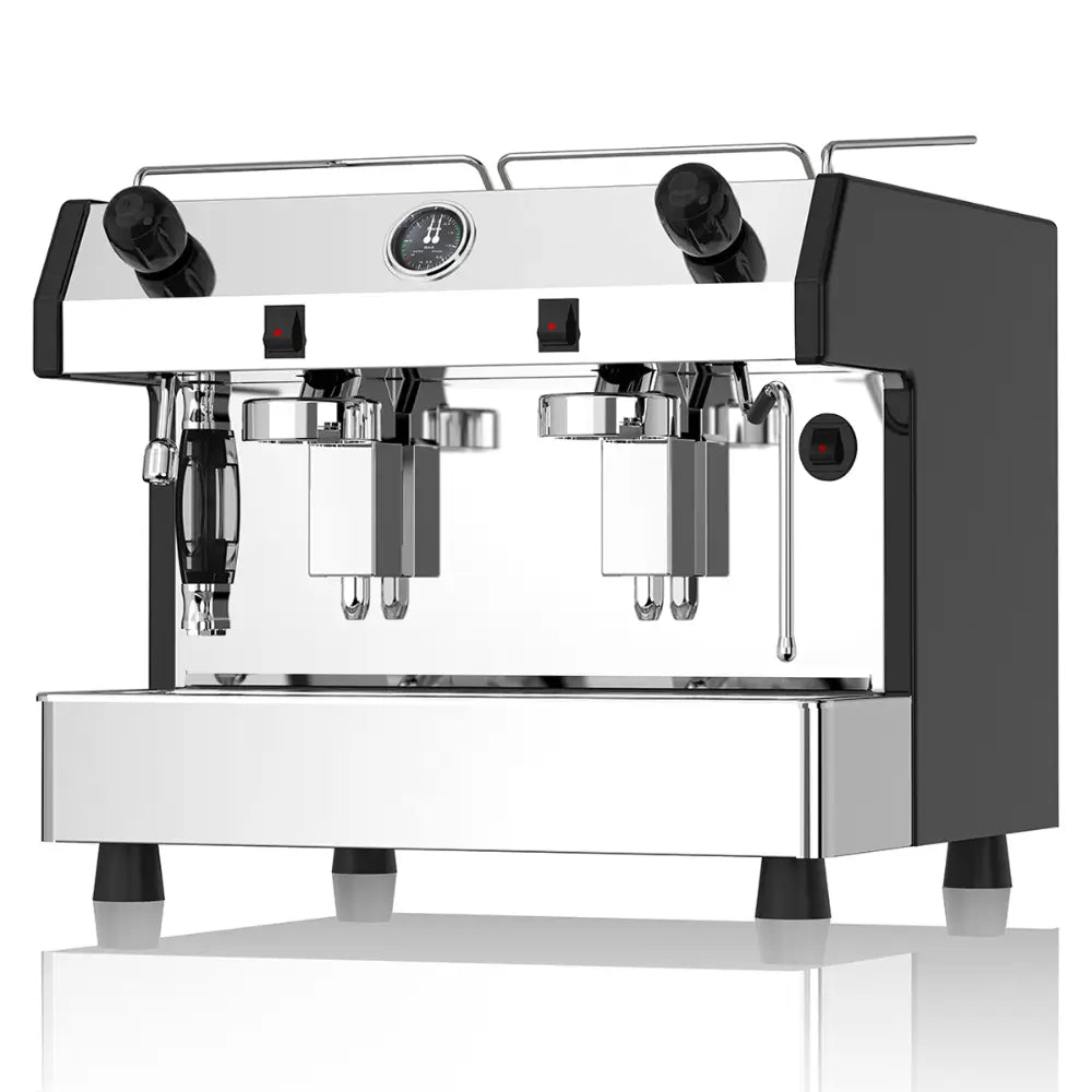Fracino Bambino 2-group semi-automatic espresso machine featuring a manual rocker switch and black side panels.