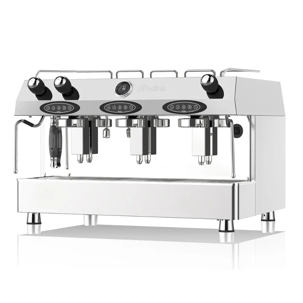 Fracino Contempo 3-group electronic espresso machine with programmable volumetric keypads and stainless steel finish.