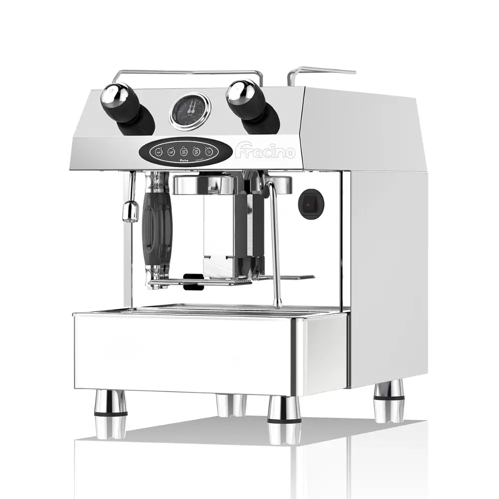 Front view of the Fracino Contempo 1-group electronic espresso machine featuring a programmable volumetric keypad and stainless steel finish.