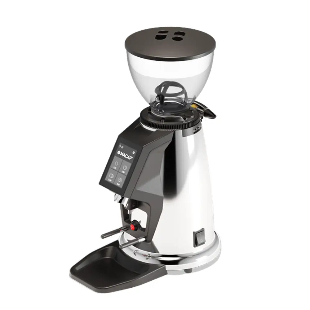 Polished chrome Fracino F4 electronic espresso grinder with stepless adjustment collar and digital interface.