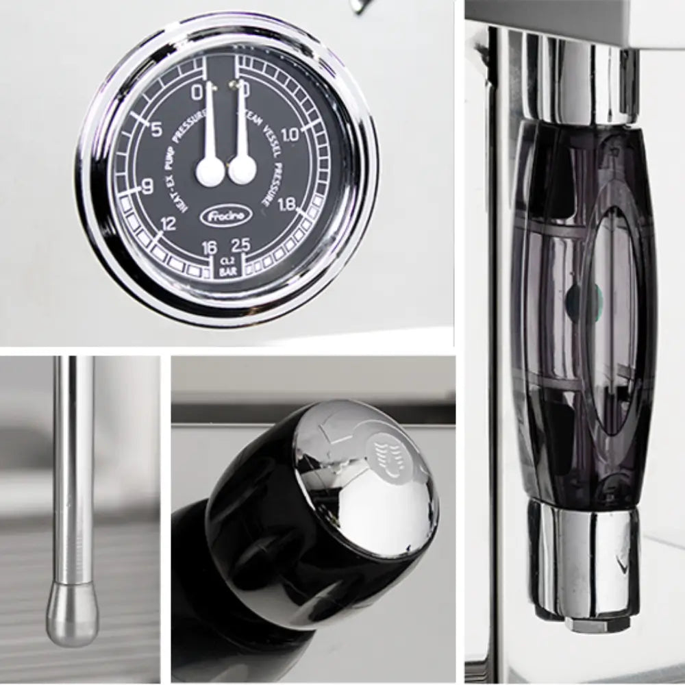 Detail collage of the Fracino espresso machine showing the dual manometer pressure gauge, water level sight glass, steam wand tip, and steam control knob