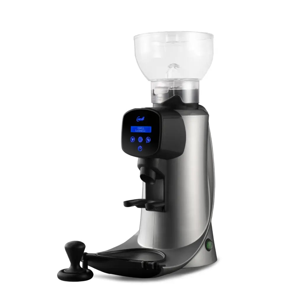 Fracino Luxomatic On-Demand 55dB coffee grinder in silver, featuring a digital touch screen display for programmable dosing.