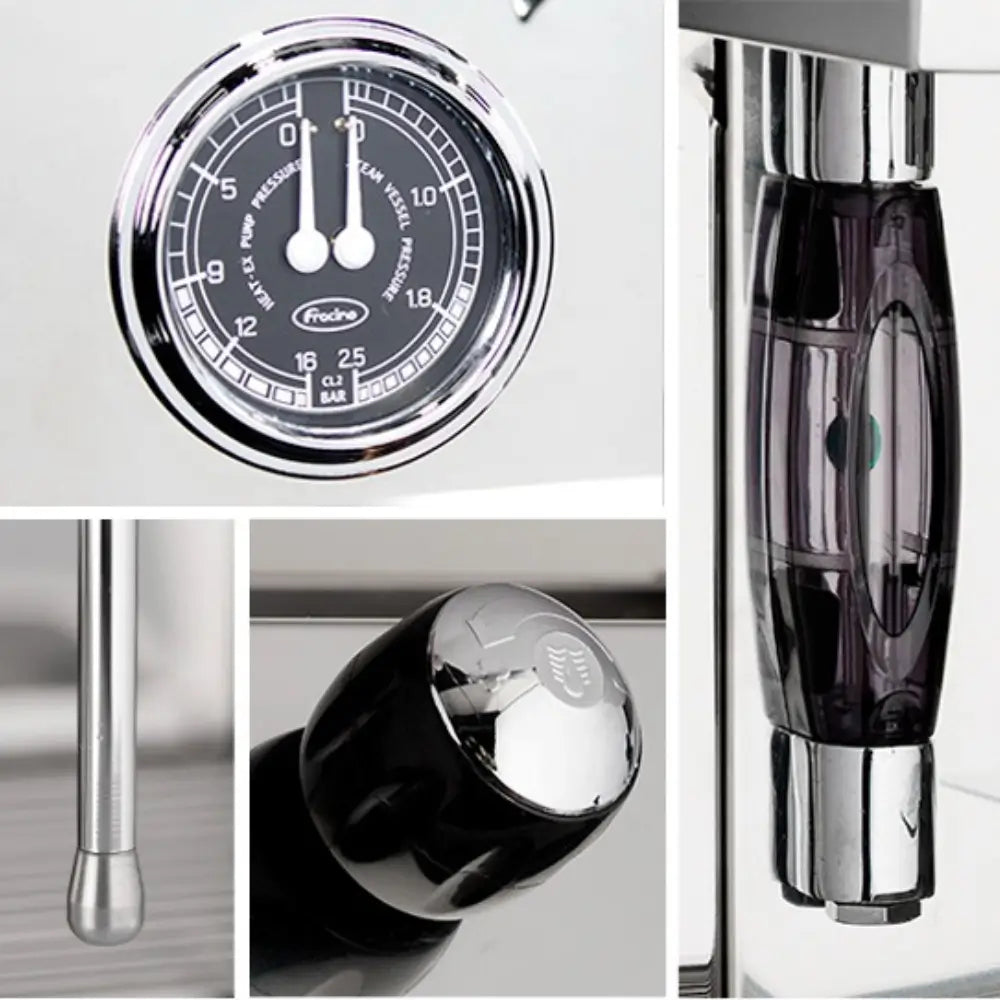 Detail collage showing the Fracino Romano PID pressure gauge, ergonomic steam control knob, and water level sight glass.