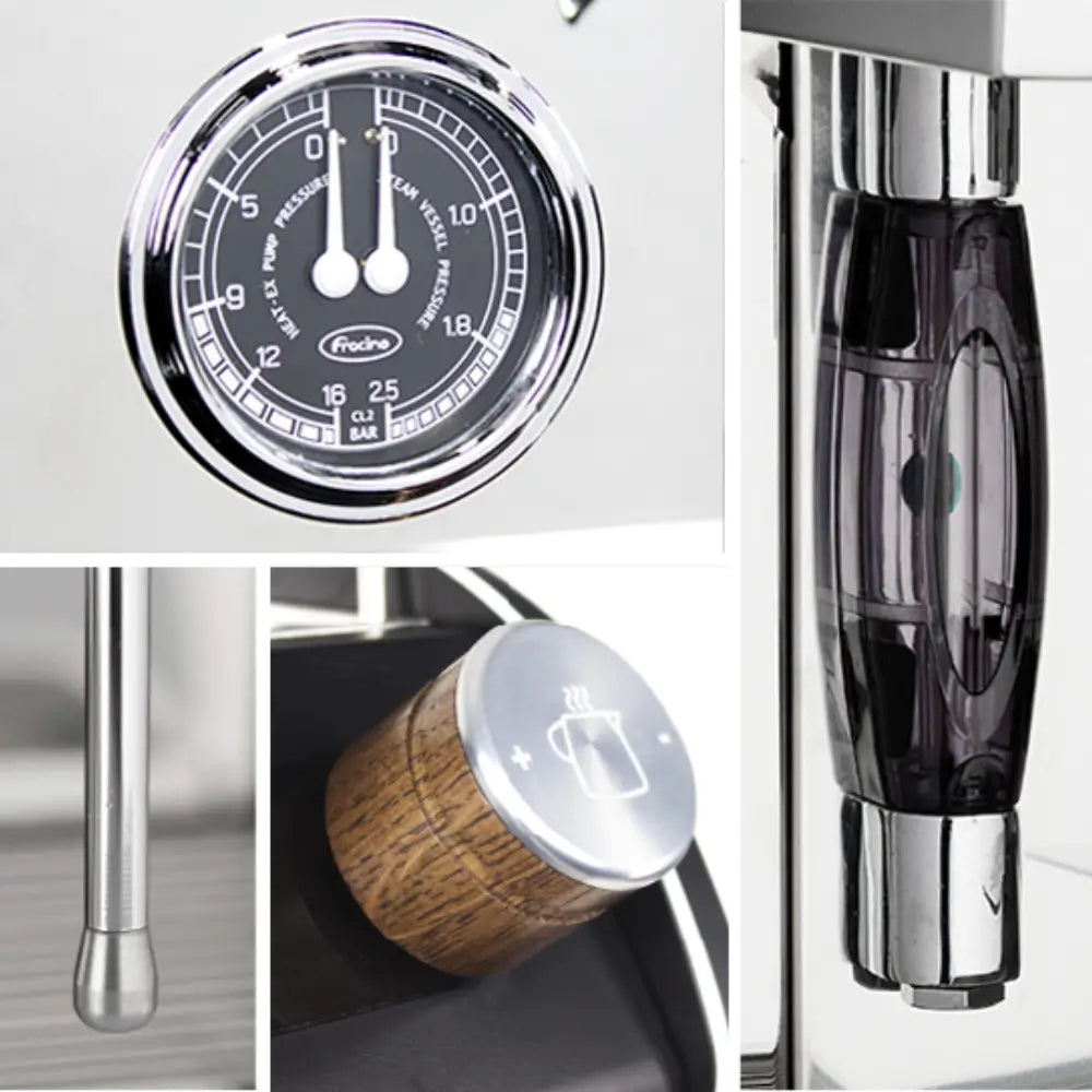 Detail collage of the Fracino Romano-R showing the black-faced pressure gauge, water sight glass, and premium wooden steam control knob.
