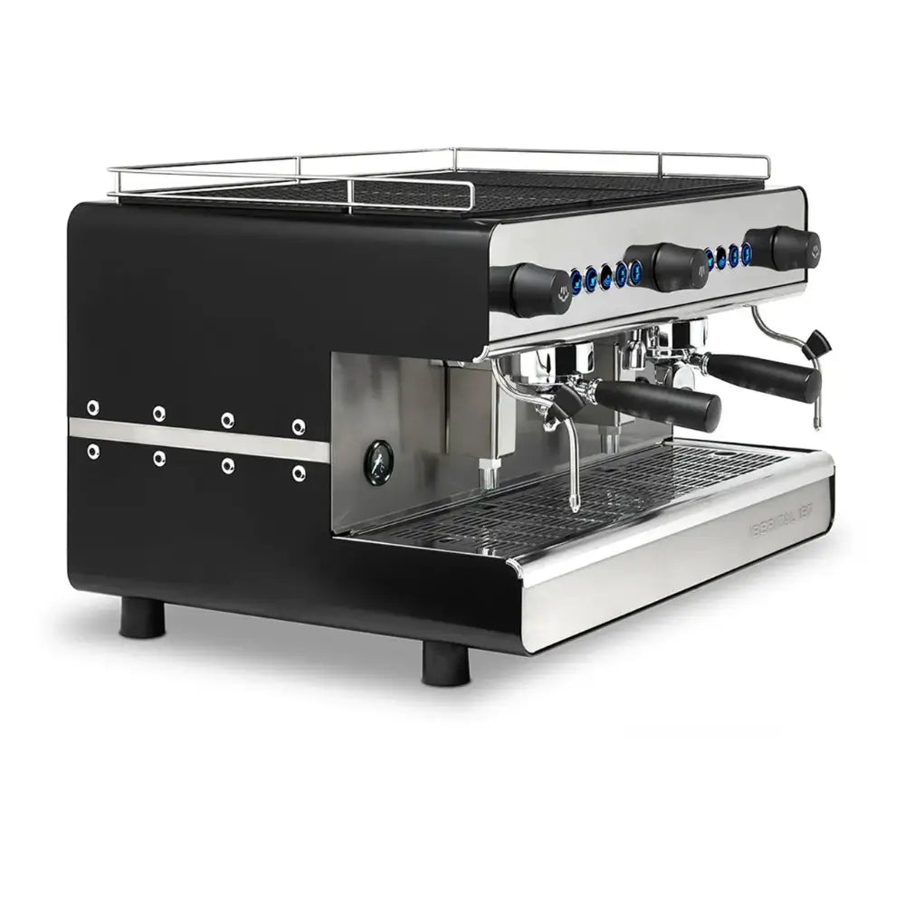 Iberital IB7 Compact 2 Group commercial espresso machine in black, front and side view.