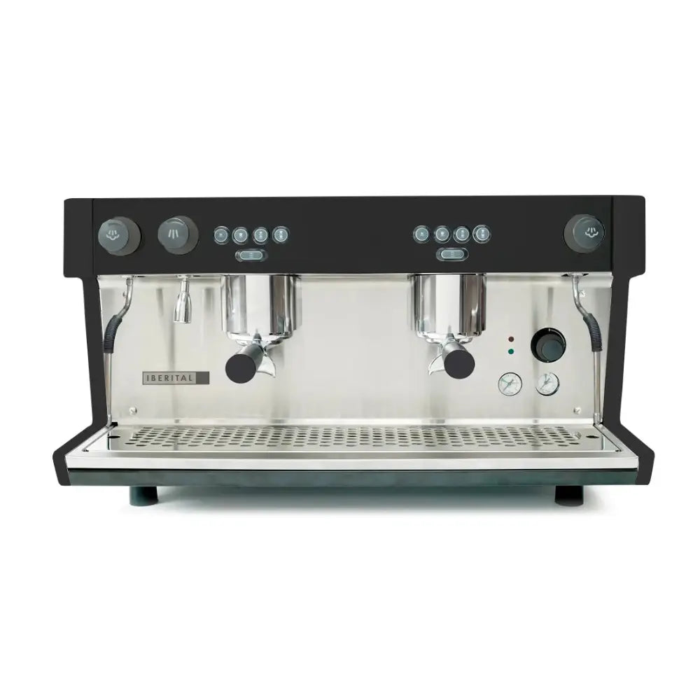 Front view of the black Iberital Lanna Intenz 2 Group professional espresso machine with volumetric controls.