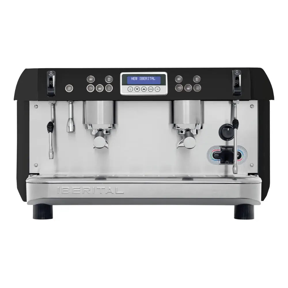 Front view of the black Iberital New PID 2 Group professional espresso machine with digital display and volumetric controls.