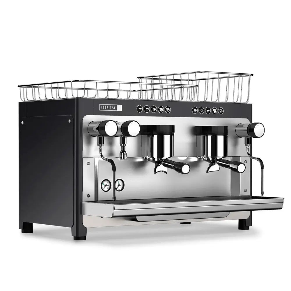 Iberital Tandem 2 Group commercial espresso machine in black and chrome with cup warming baskets.