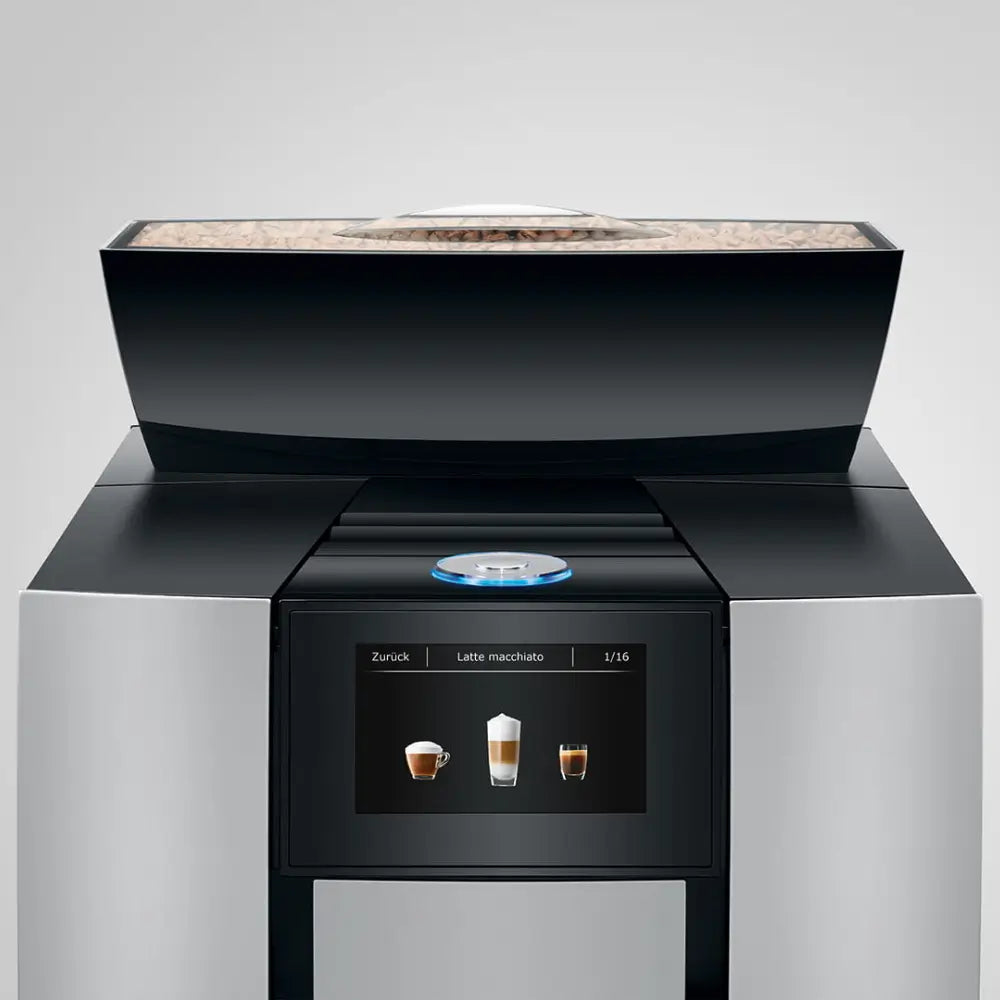 Display panel and bean hopper view of Jura Giga X3c automatic coffee machine showing drink selection