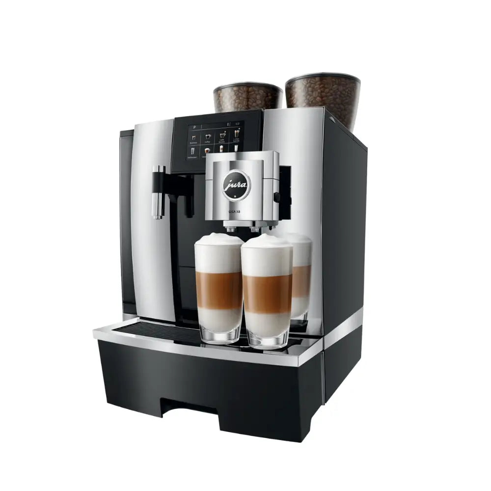 Angled front view of Jura Giga X8 automatic coffee machine in chrome finish