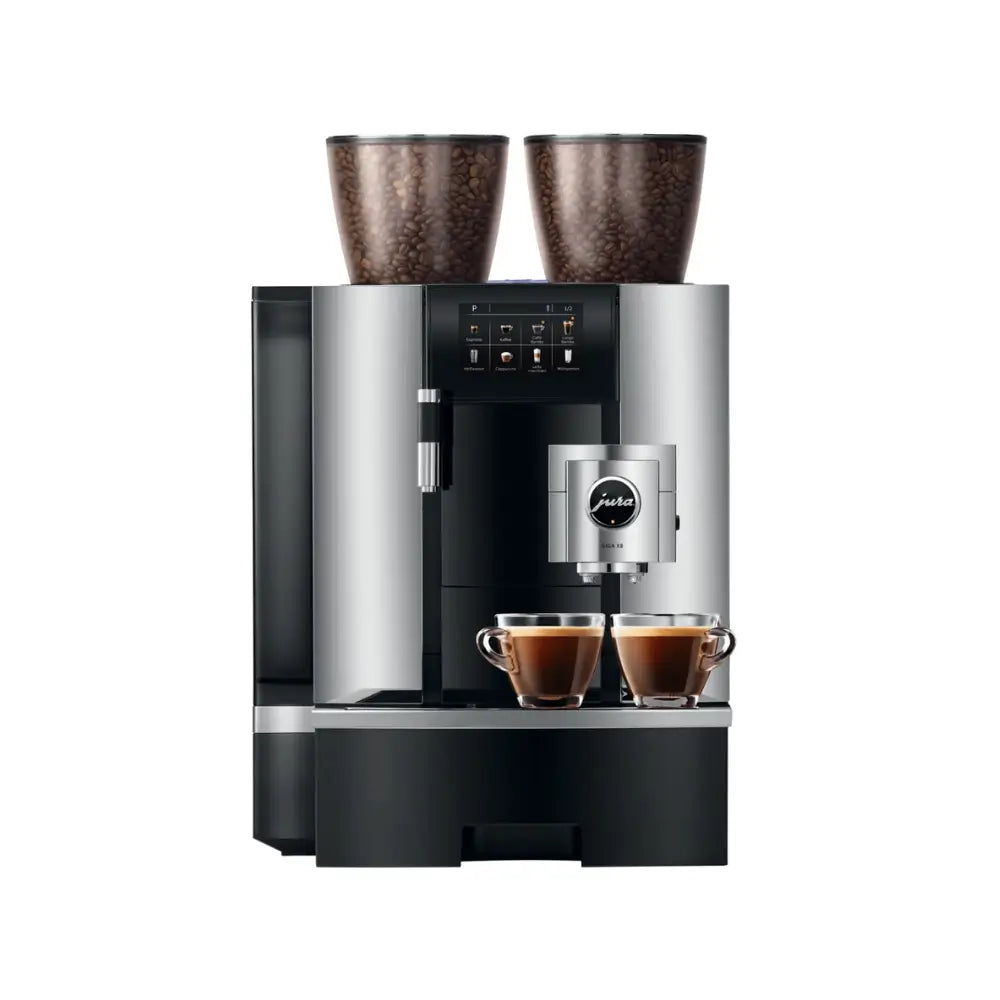 Front view of Jura Giga X8 automatic coffee machine in chrome finish
