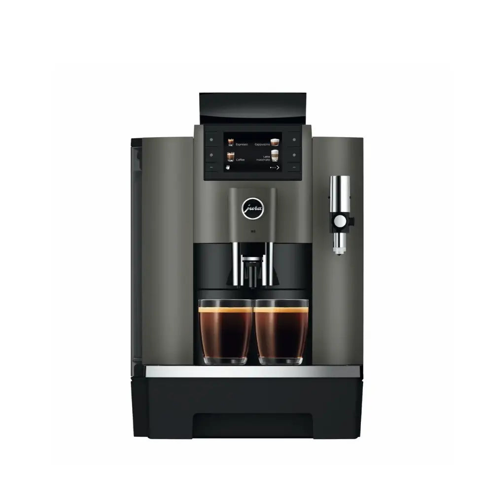 Front view of Jura W8 automatic coffee machine with touchscreen