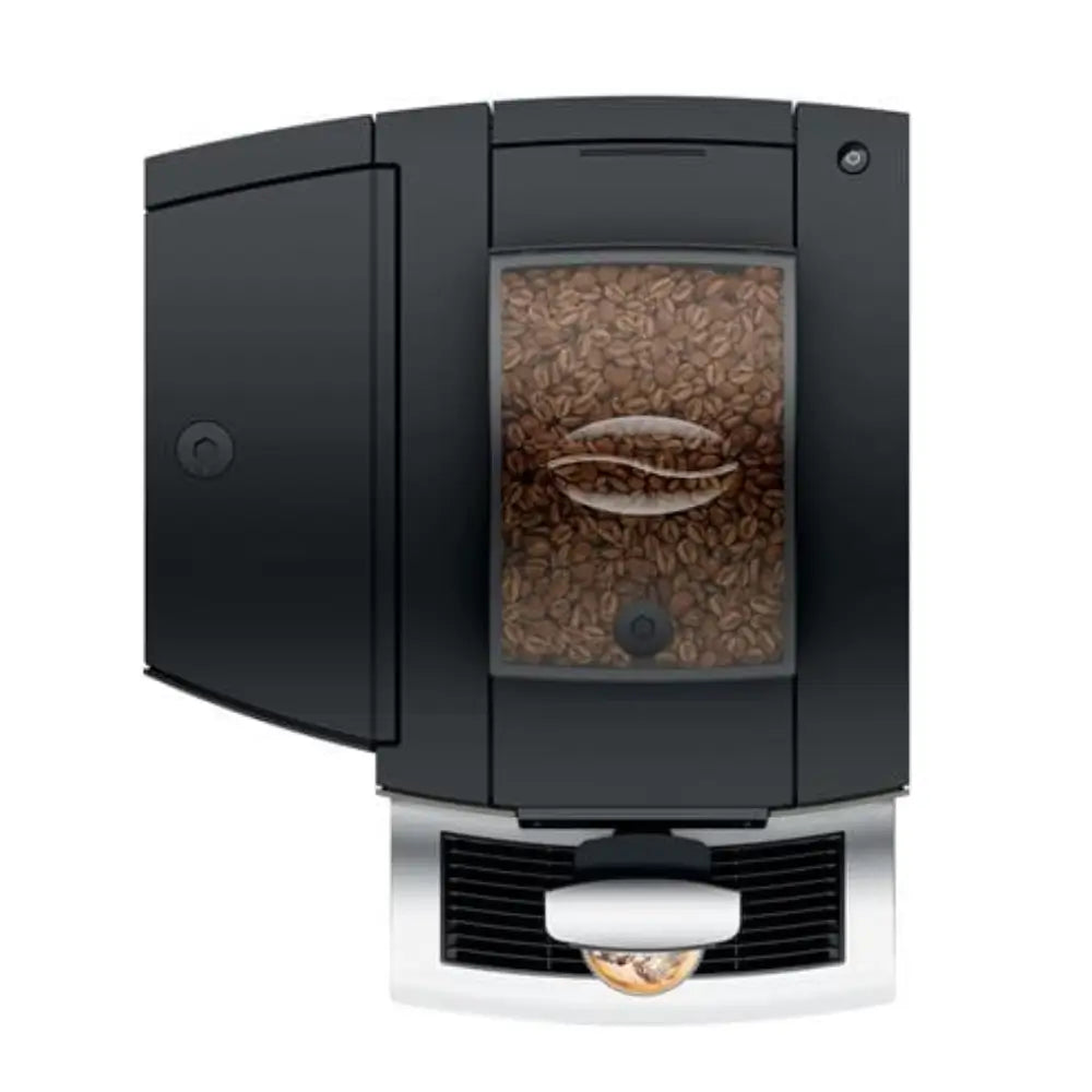 Top view of Jura X10c coffee machine showing bean hopper filled with coffee beans.