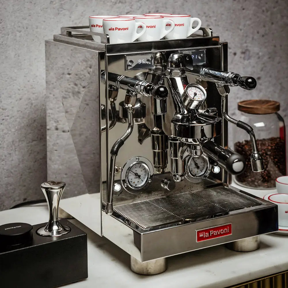Angled lifestyle shot of the La Pavoni Botticelli Specialty semi-professional machine in a home barista setup.