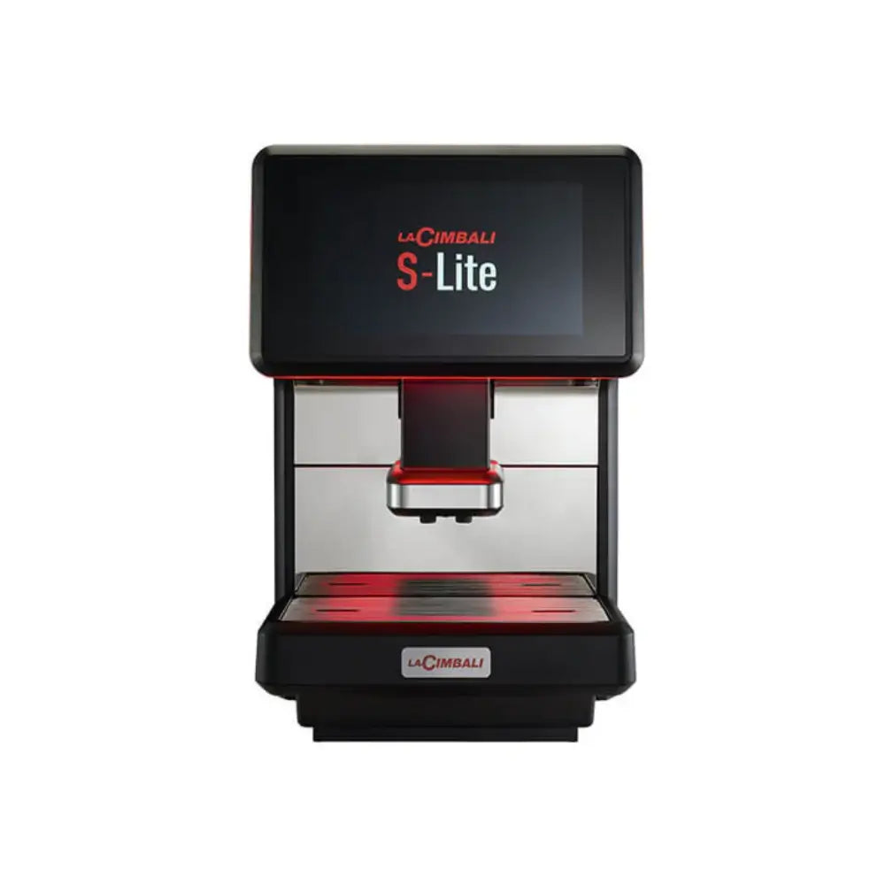 Front view of the La Cimbali S-Lite 8L bean-to-cup coffee machine with touchscreen display.