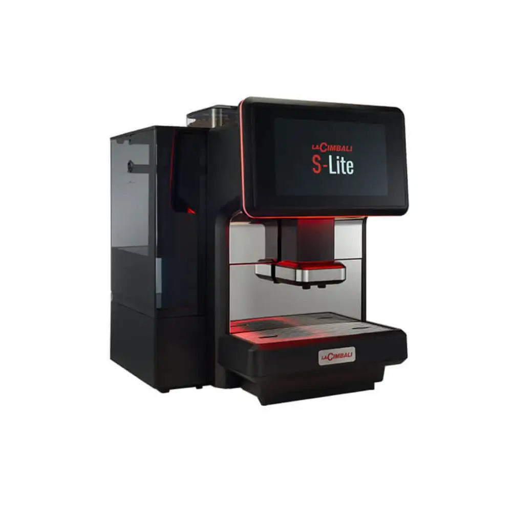 Left angled view of the La Cimbali S-Lite 8L bean-to-cup coffee machine highlighting its modern design.