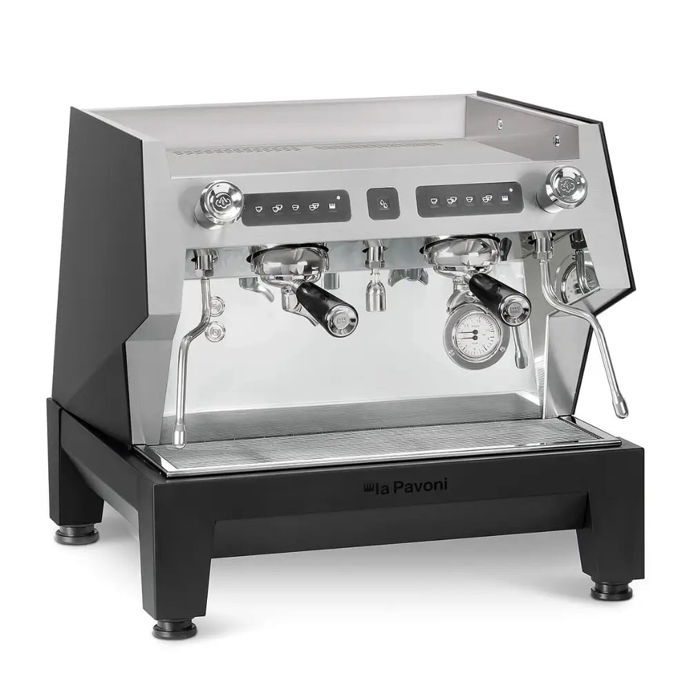 Angled view of the La Pavoni BarT Compact espresso machine on a white background.