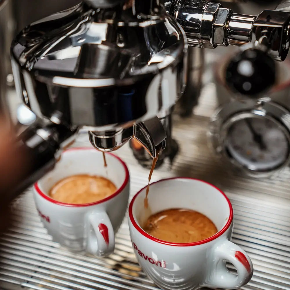 A close-up of two perfect espresso shots with rich crema actively pouring into La Pavoni cups.