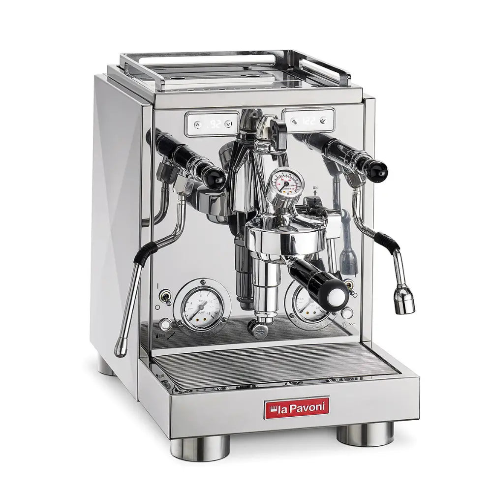 Front view of the La Pavoni Botticelli Specialty machine, showing the PID display and dual pressure gauges.
