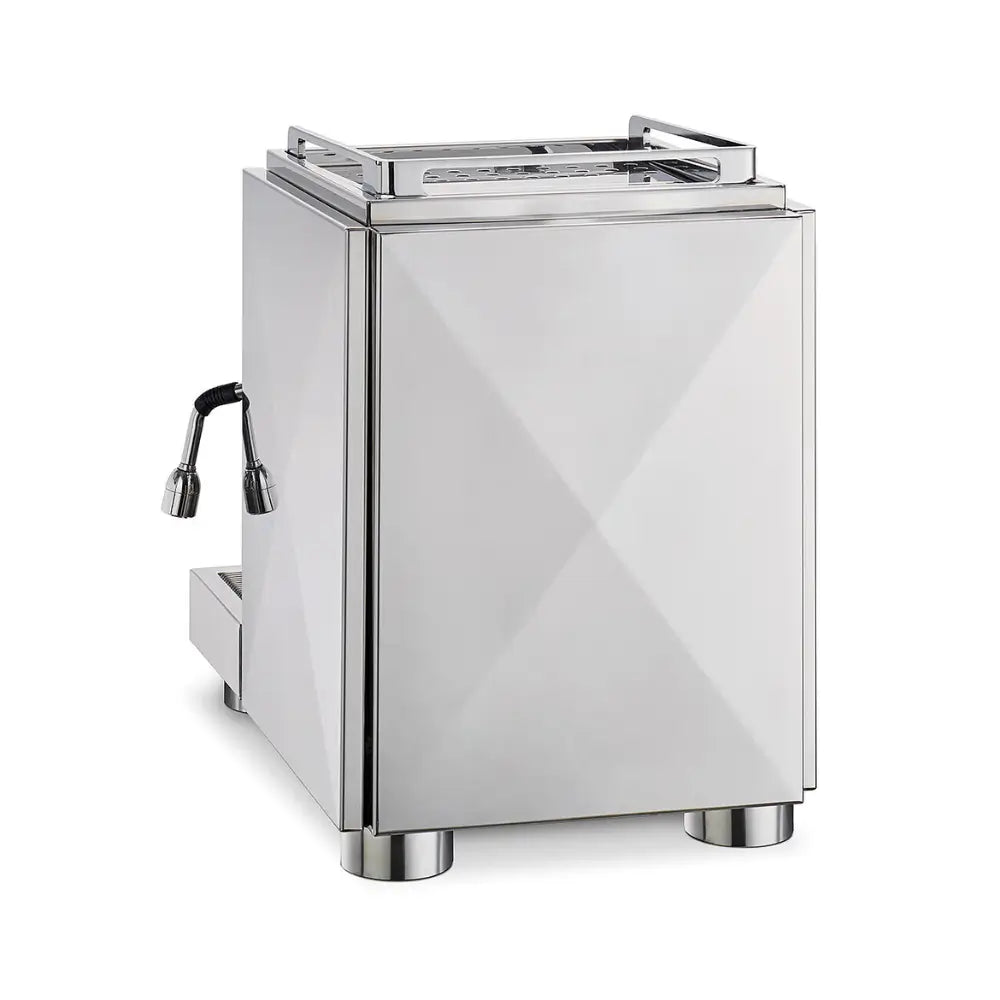 Rear view of the La Pavoni Botticelli Specialty, highlighting the unique diamond-patterned stainless steel side panels.