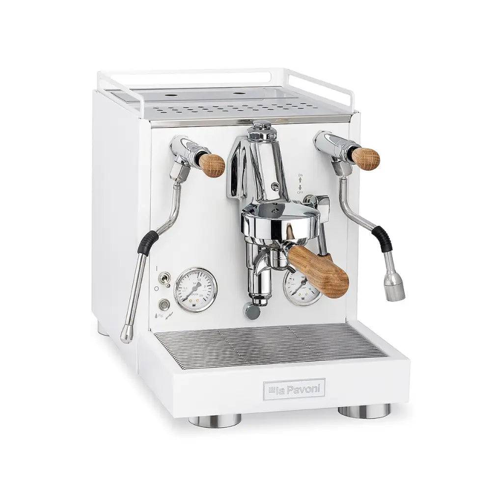 Angled view of the white La Pavoni Cellini Evolution semi-automatic espresso machine.