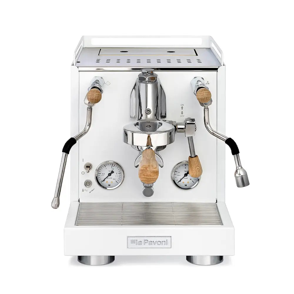 Front view of the white La Pavoni Cellini Evolution semi-automatic espresso machine.