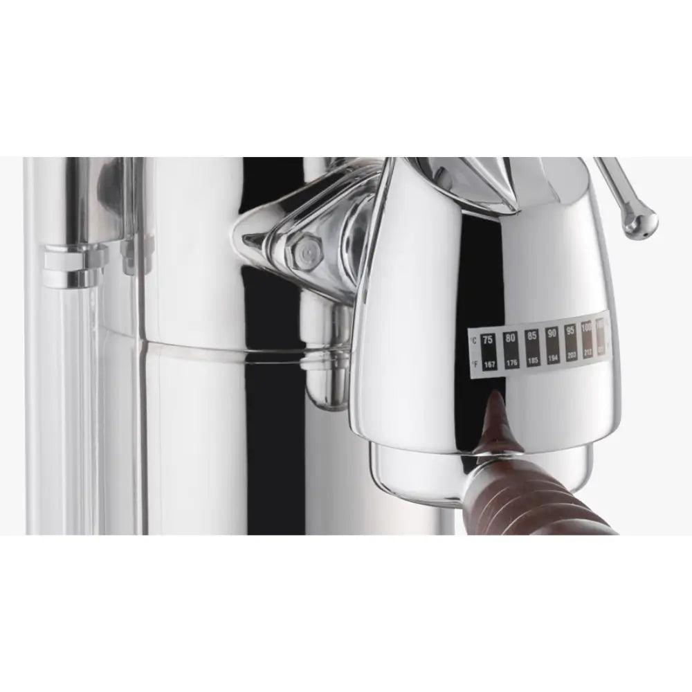 A close-up of the brew group on the La Pavoni Esperto Abile, showing the temperature indicator.