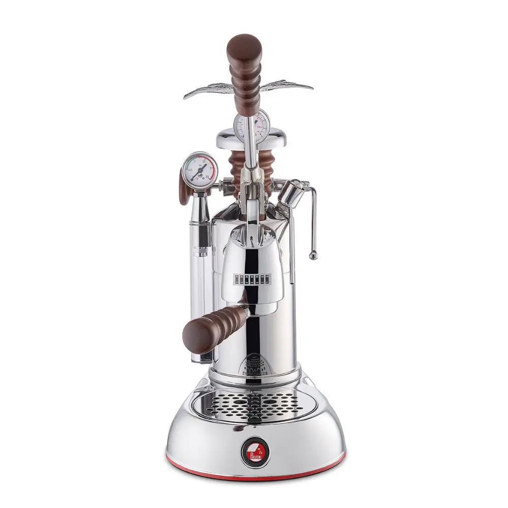 Front view of the La Pavoni Esperto Abile lever espresso machine with a polished chrome finish.